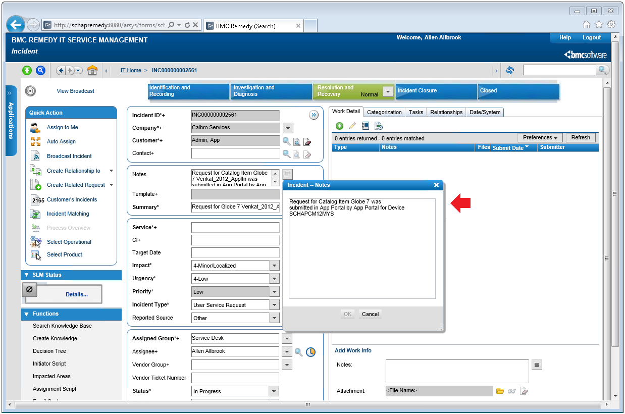 Notation in BMC Remedy of Incident Created by App Portal