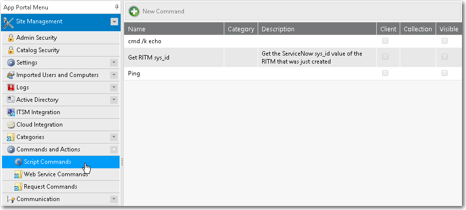 Commands and Actions > Script Commands View
