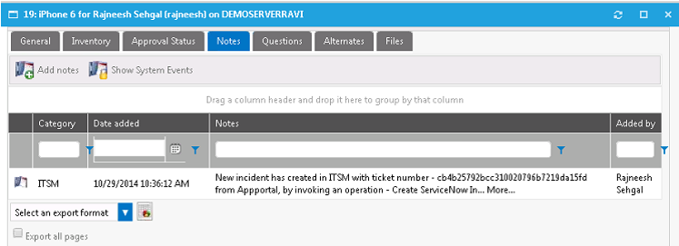 Notation from ITSM System Displayed on the Notes Tab of Request Details Dialog Box